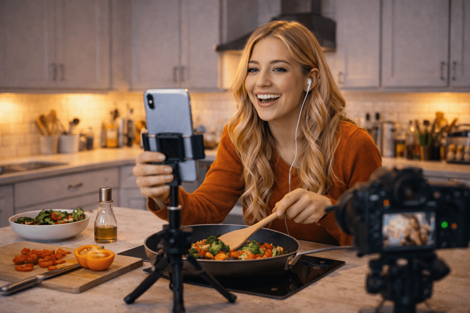 Creator filming with ring light setup